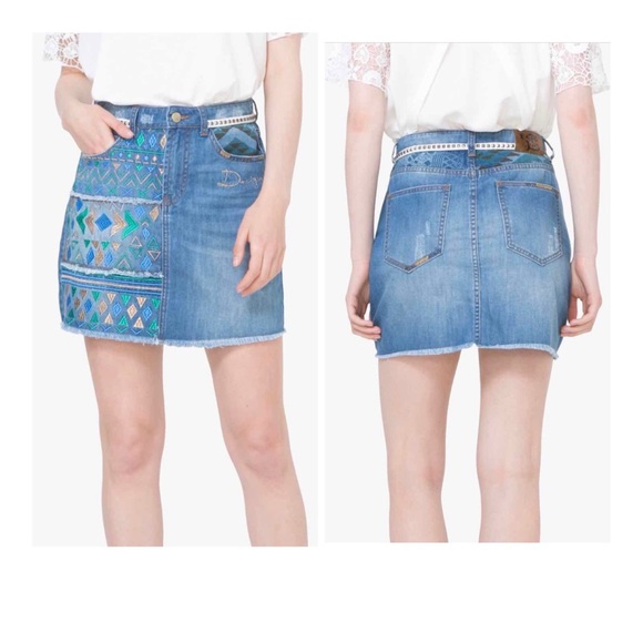 Desigual Segovia Exotic Jeans Embroidery Mini Denim Skirt Size 26 NWT - Picture 1 of 13